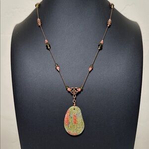 USA Unakite Jasper Teardrop Natural Stone Pendant Copper Tone Boho Necklace